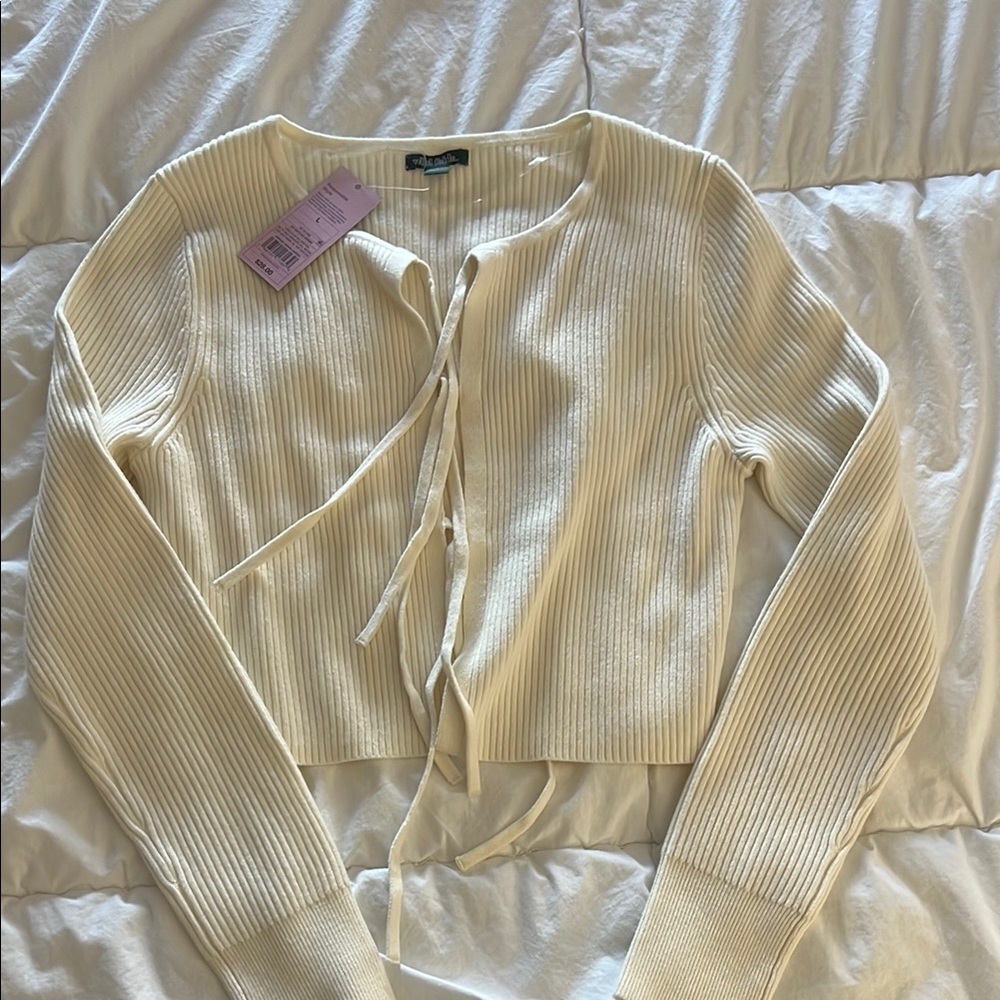 Cream Ribbed Tie-Front Sweater